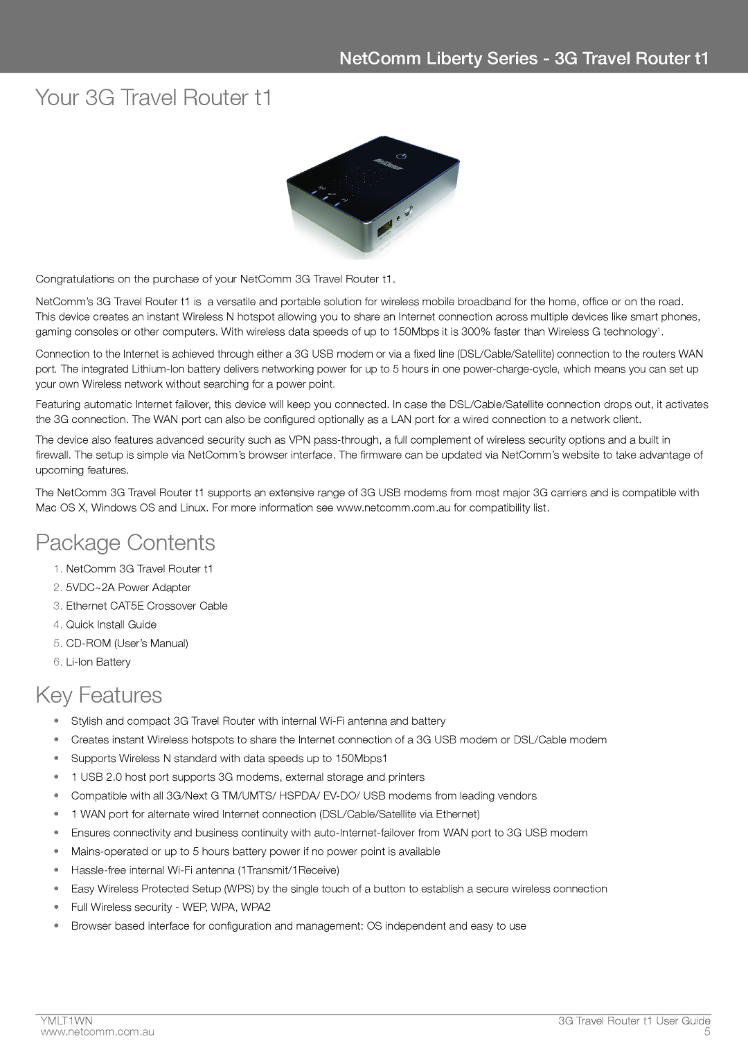 Nortel Networks T1 manual Your 3G Travel Router t1, Package Contents, Key Features 