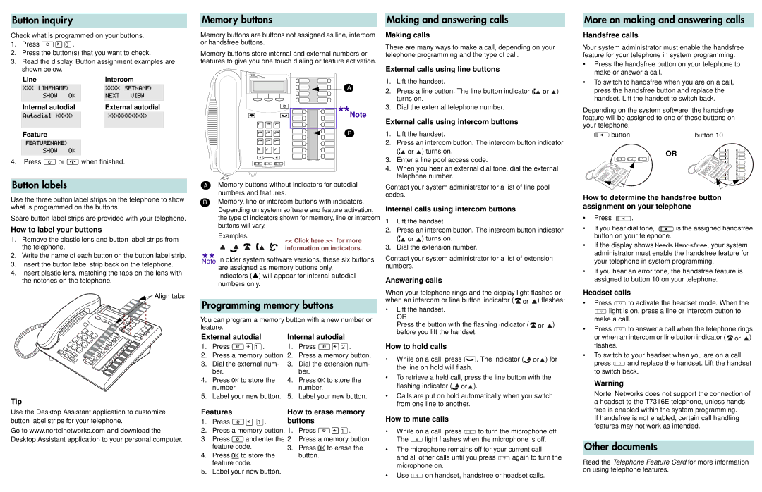 Nortel Networks T7316E manual Button inquiry, Button labels, Memory buttons, Programming memory buttons, Other documents 