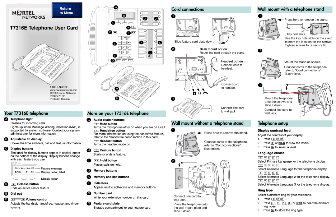 Nortel Networks manual Cord connections, Wall mount with a telephone stand, Your T7316E telephone, Telephone setup 