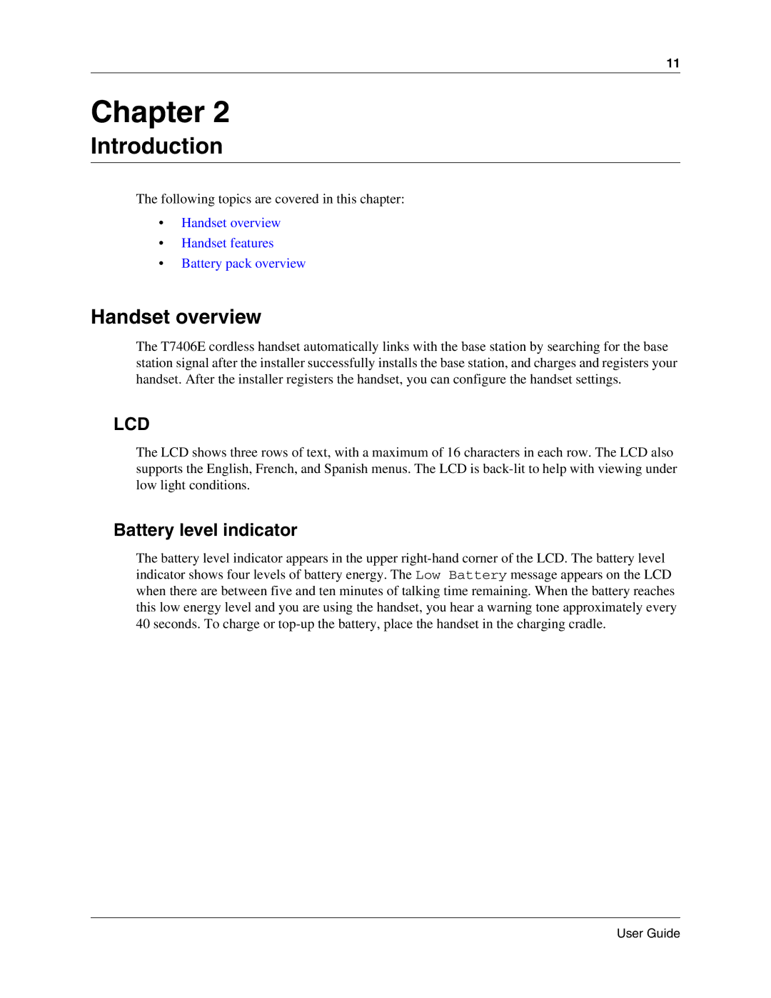 Nortel Networks T7406E manual Introduction, Handset overview, Battery level indicator 