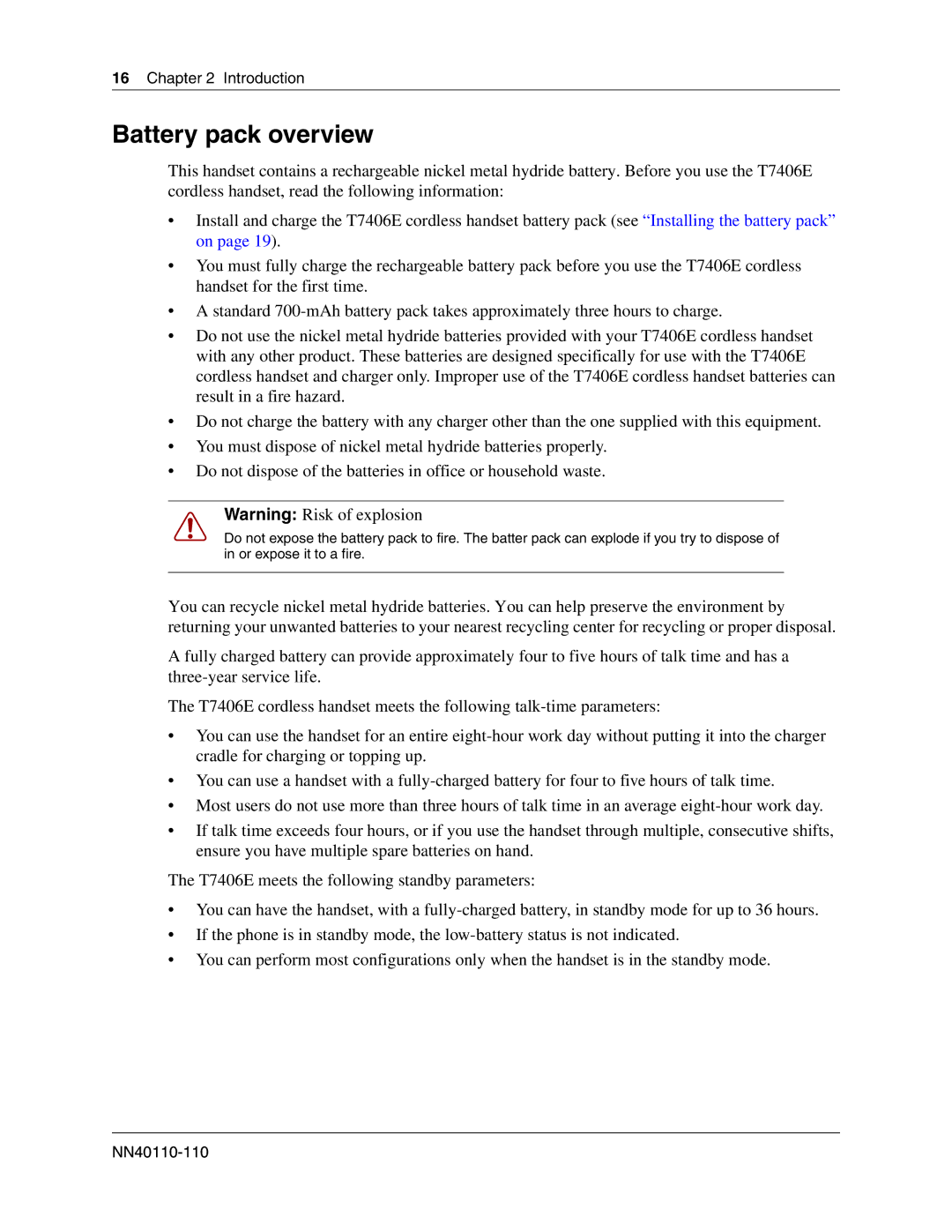 Nortel Networks T7406E manual Battery pack overview 