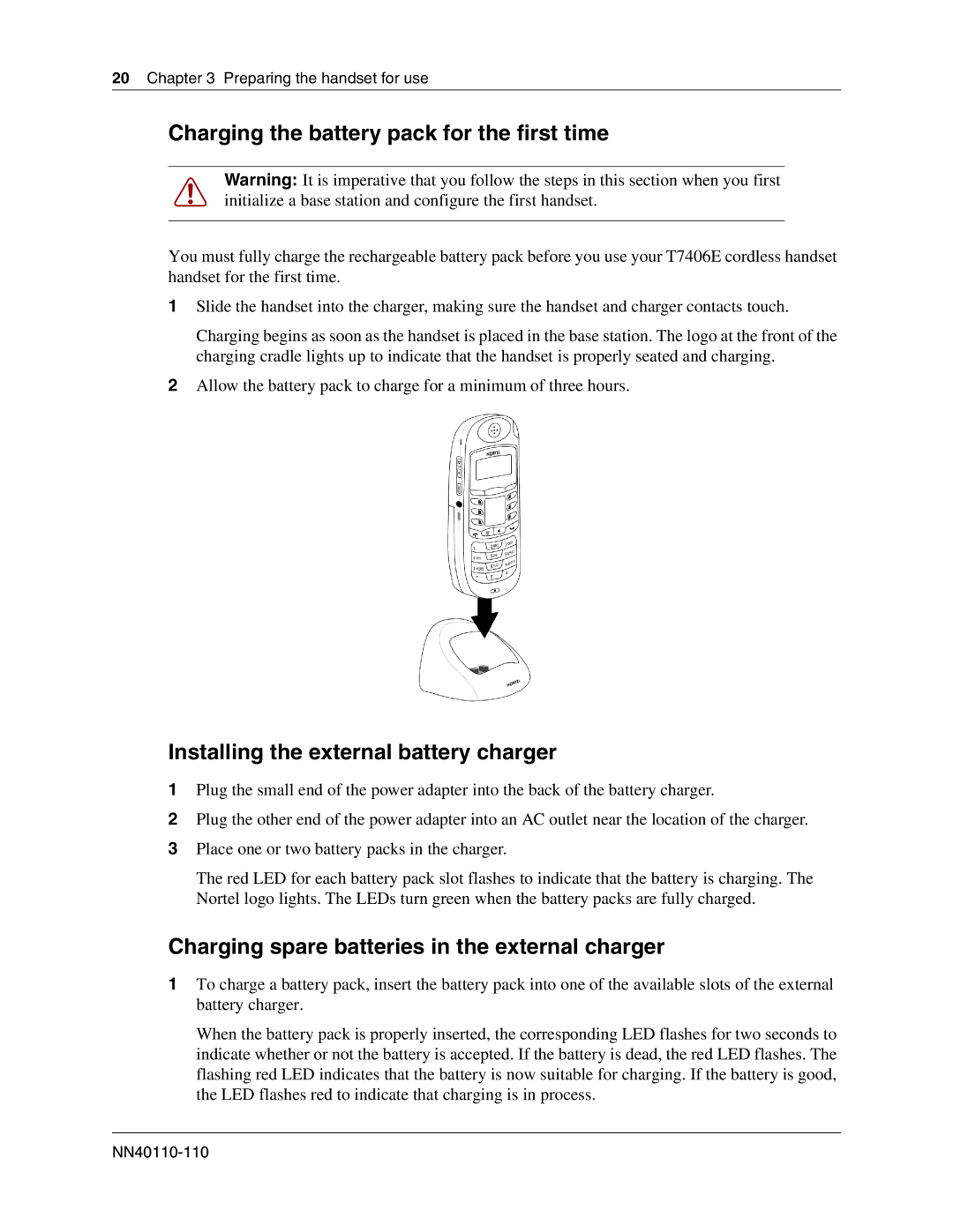 Nortel Networks T7406E manual Charging the battery pack for the first time, Installing the external battery charger 