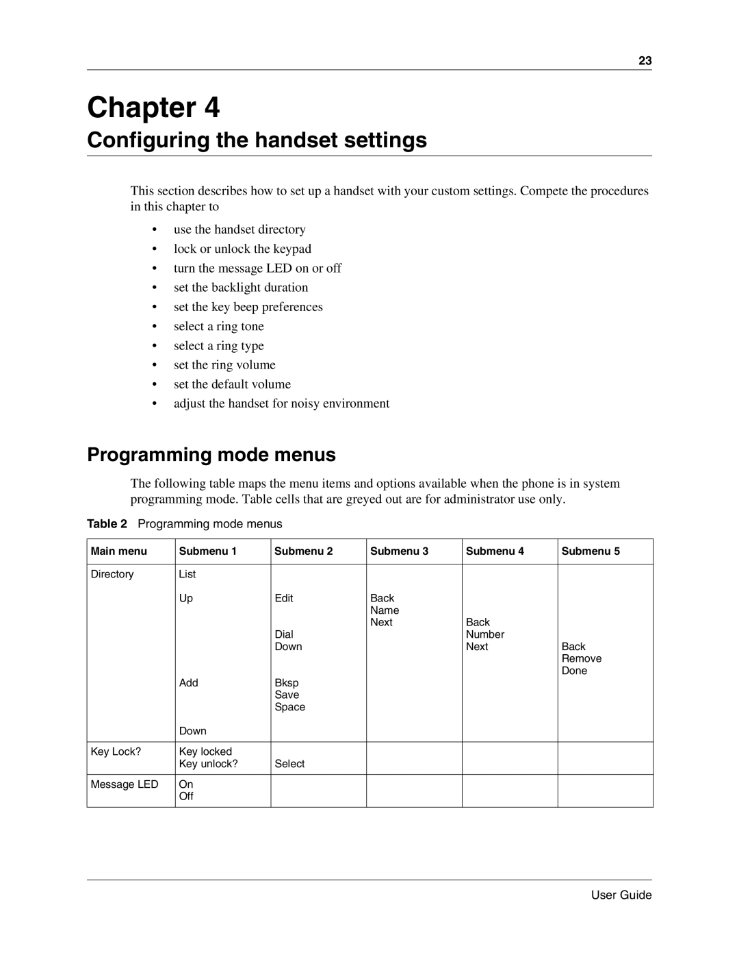 Nortel Networks T7406E manual Configuring the handset settings, Programming mode menus 