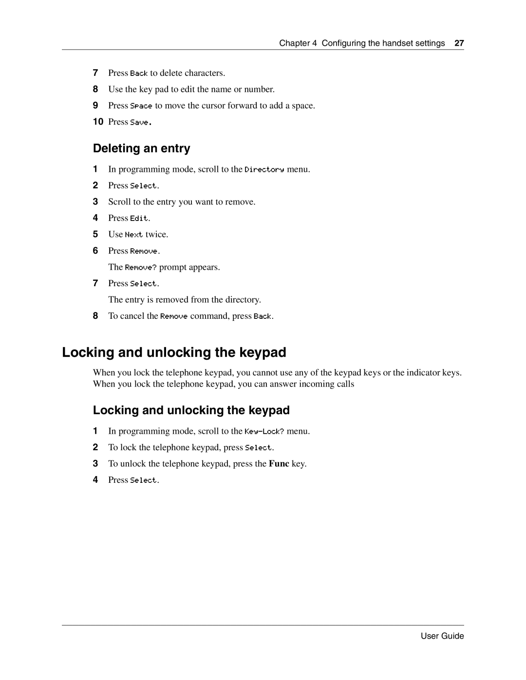 Nortel Networks T7406E manual Locking and unlocking the keypad, Deleting an entry 