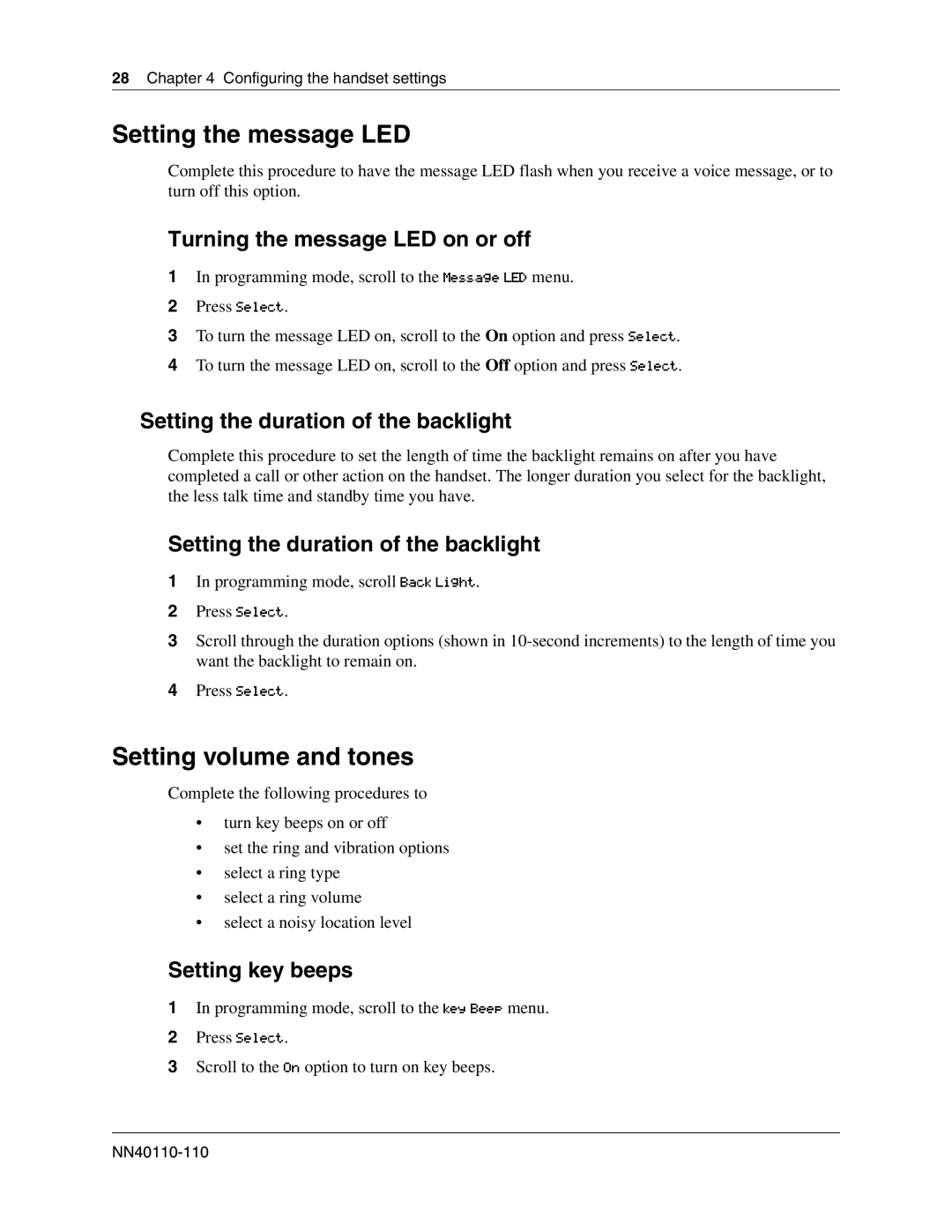 Nortel Networks T7406E manual Setting the message LED, Setting volume and tones, Turning the message LED on or off 