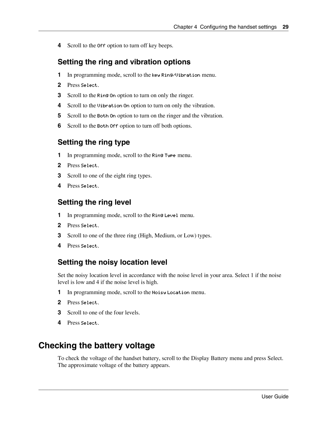 Nortel Networks T7406E manual Checking the battery voltage, Setting the ring and vibration options, Setting the ring type 