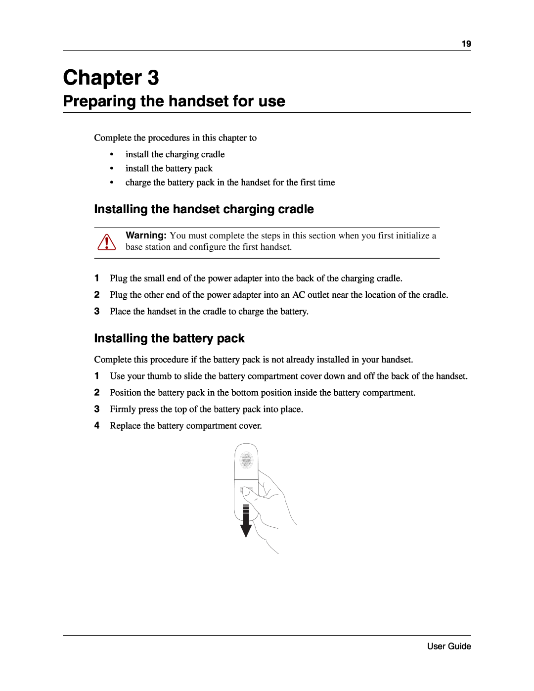 Nortel Networks T7406E Preparing the handset for use, Installing the handset charging cradle, Installing the battery pack 