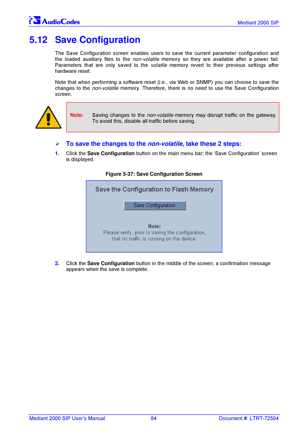 Nortel Networks TP-1610 SIP user manual Save Configuration, To save the changes to the non-volatile, take these 2 steps 