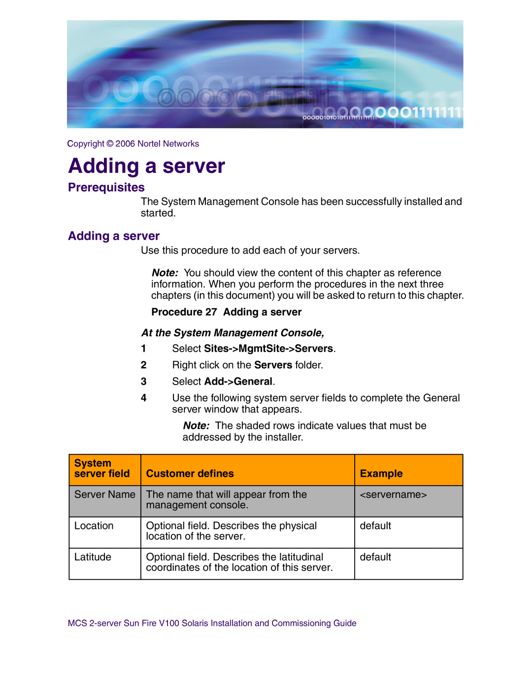 Nortel Networks V100 Procedure 27 Adding a server, At the System Management Console, Select Sites-MgmtSite-Servers 