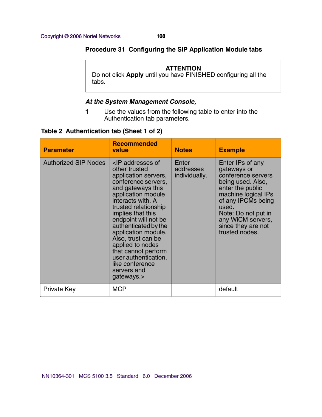 Nortel Networks V100 Procedure 31 Configuring the SIP Application Module tabs, Authentication tab Sheet 1 of, Recommended 