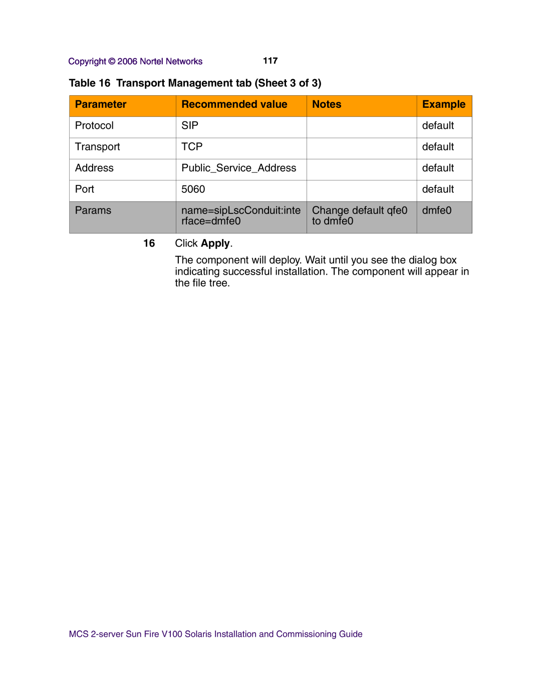 Nortel Networks V100 manual Transport Management tab Sheet 3 of, Parameter, Recommended value, Example 