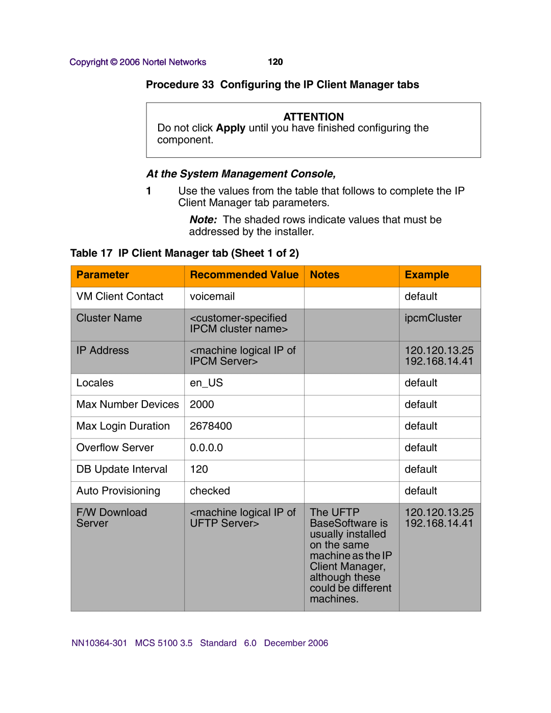 Nortel Networks V100 Procedure 33 Configuring the IP Client Manager tabs, IP Client Manager tab Sheet 1 of, Parameter 