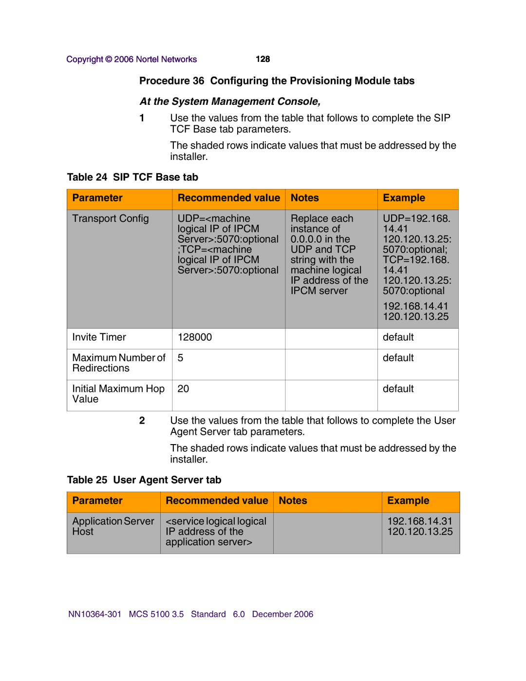 Nortel Networks V100 manual Procedure 36 Configuring the Provisioning Module tabs, SIP TCF Base tab, User Agent Server tab 