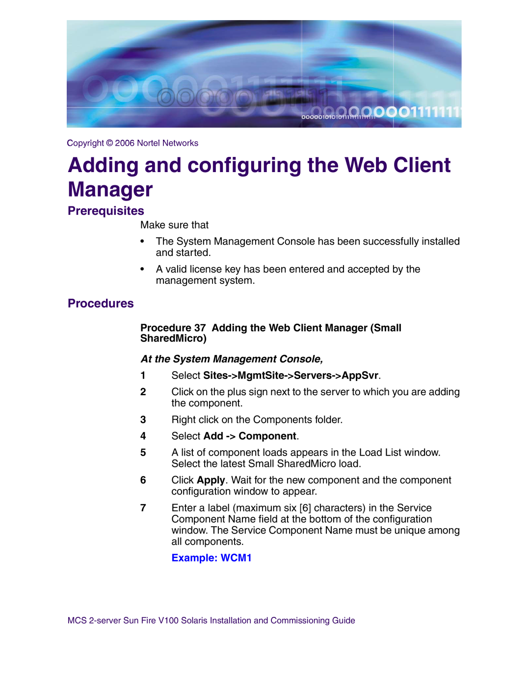 Nortel Networks V100 manual Adding and configuring the Web Client Manager, Example WCM1, Prerequisites, Procedures 