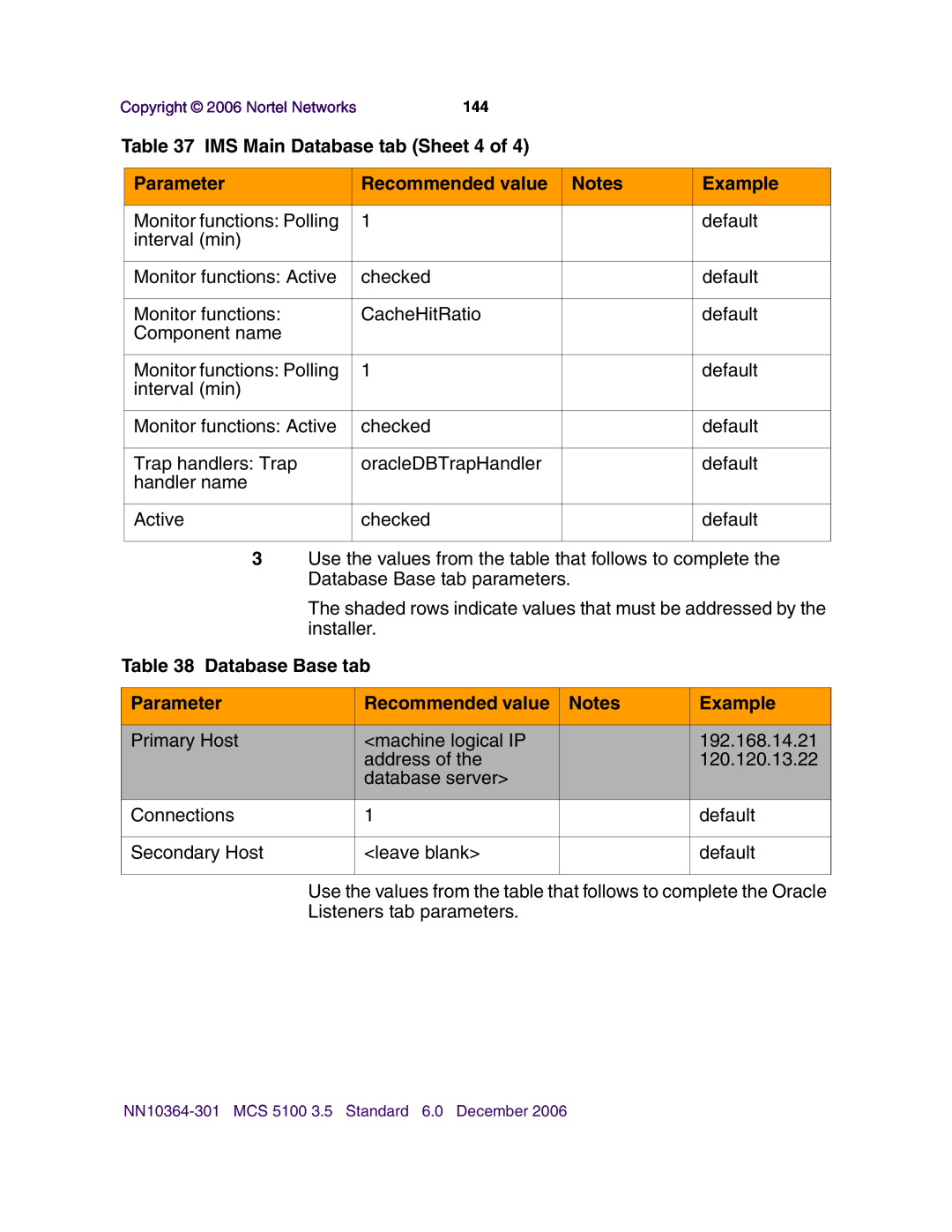 Nortel Networks V100 manual IMS Main Database tab Sheet 4 of, Database Base tab, Parameter, Recommended value, Example 