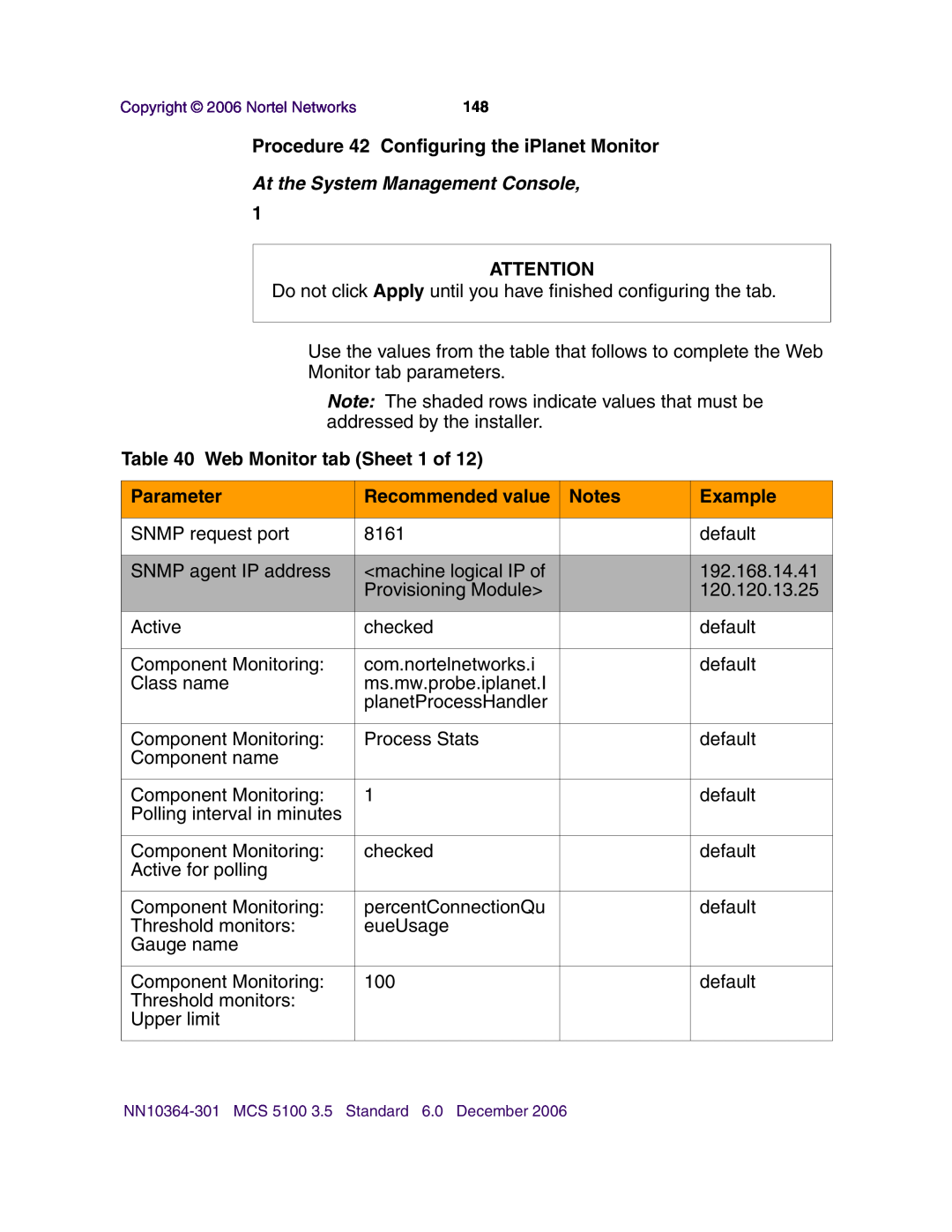 Nortel Networks V100 manual Procedure 42 Configuring the iPlanet Monitor, Web Monitor tab Sheet 1 of, Parameter, Example 