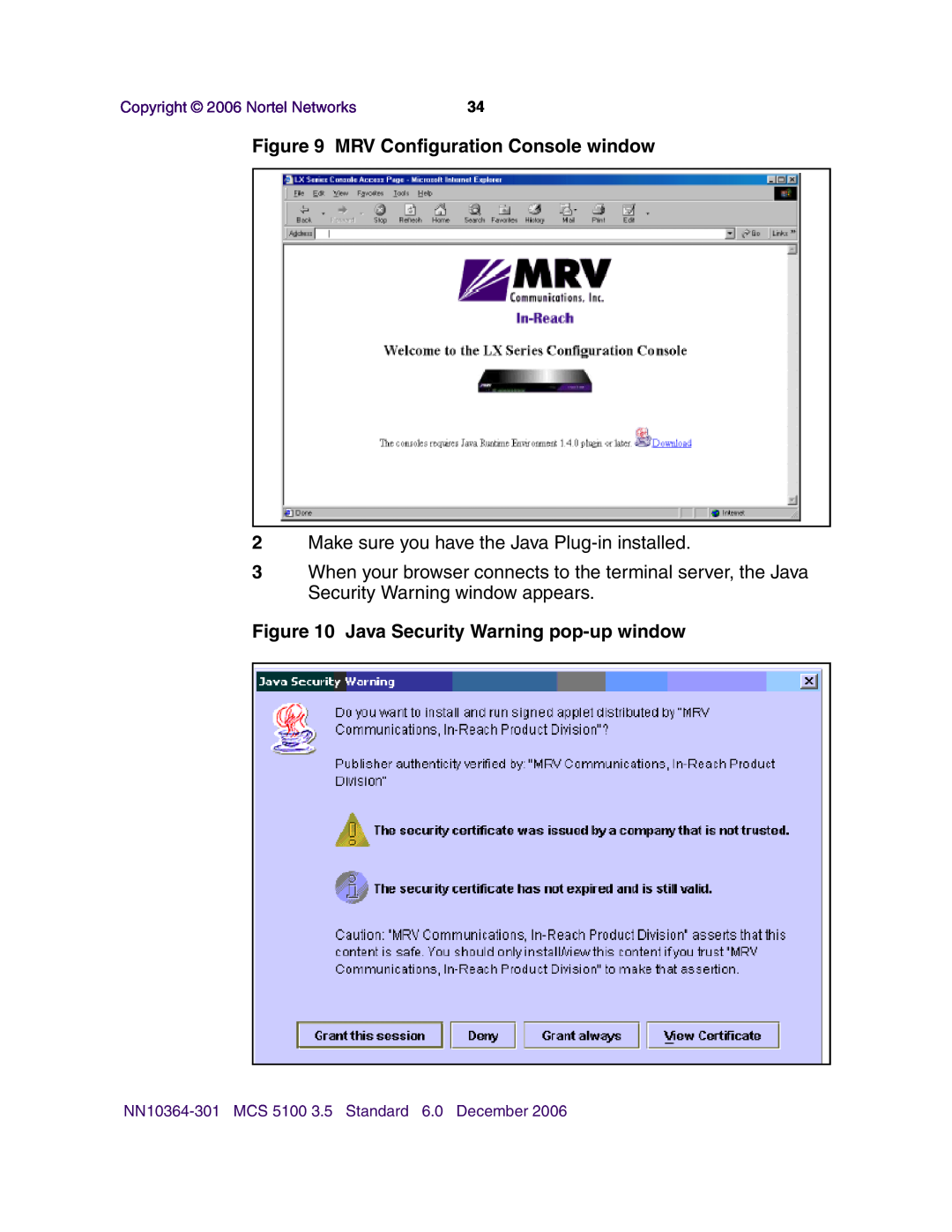 Nortel Networks V100 MRV Configuration Console window, Java Security Warning pop-up window, Copyright 2006 Nortel Networks 