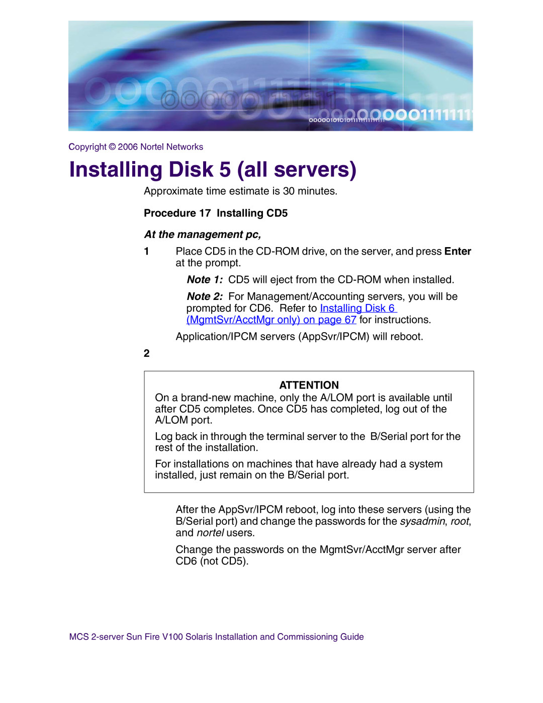 Nortel Networks V100 manual Installing Disk 5 all servers, Procedure 17 Installing CD5, At the management pc 