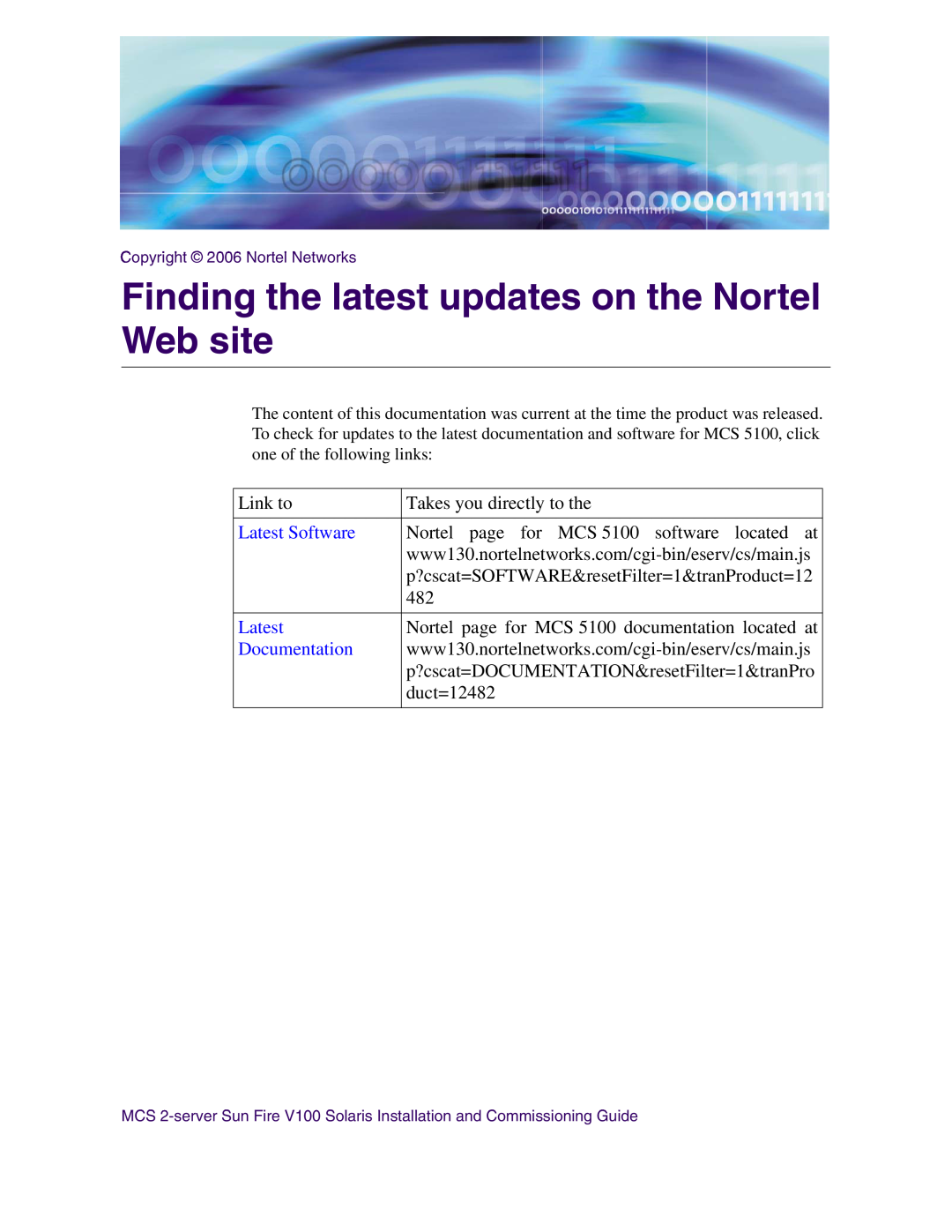 Nortel Networks V100 manual Finding the latest updates on the Nortel Web site, Latest Software, Documentation 