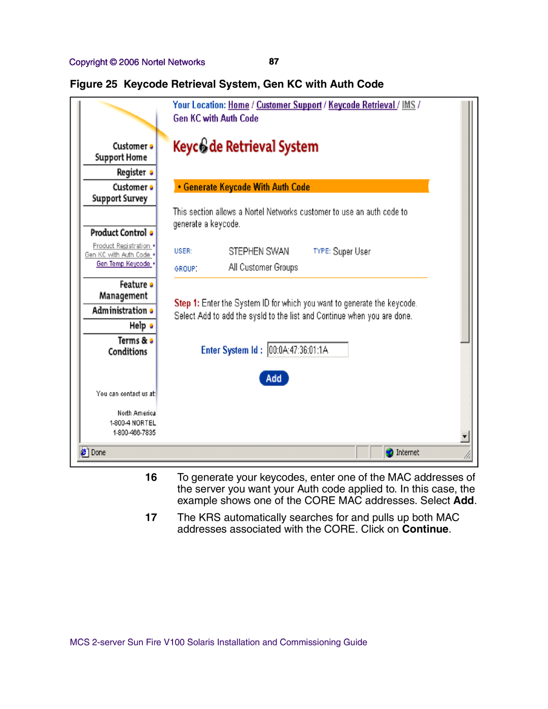 Nortel Networks V100 manual Keycode Retrieval System, Gen KC with Auth Code 