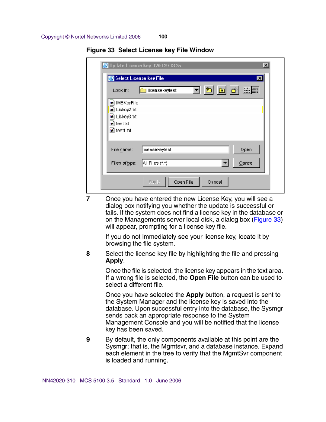 Nortel Networks V210 (RoHS) manual Select License key File Window 