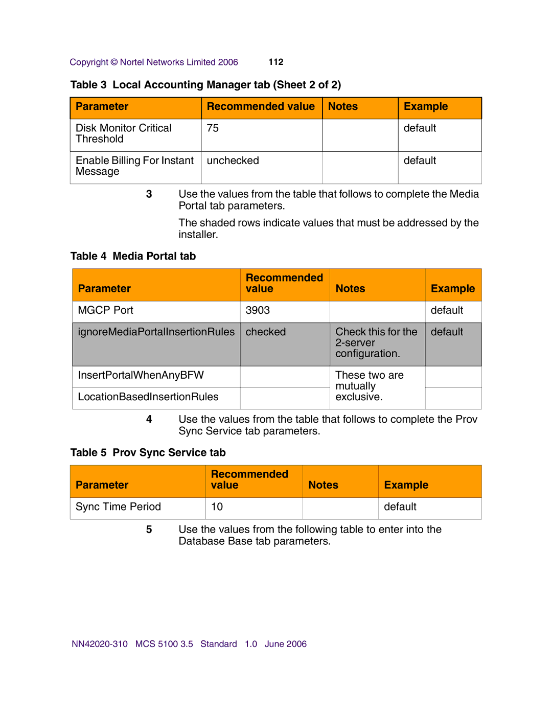 Nortel Networks V210 (RoHS) manual Media Portal tab Recommended Parameter Value Example 