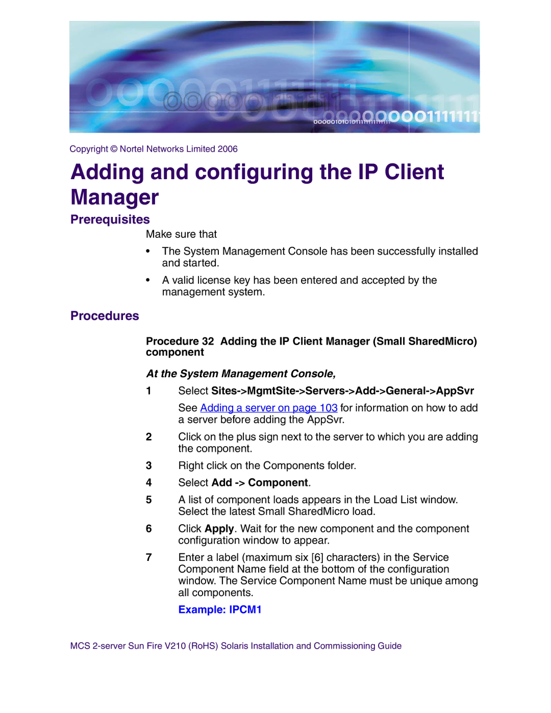 Nortel Networks V210 (RoHS) manual Adding and configuring the IP Client Manager, Example IPCM1 