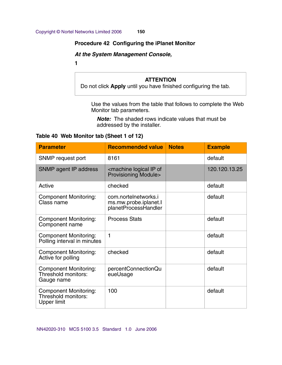 Nortel Networks V210 (RoHS) manual Procedure 42 Configuring the iPlanet Monitor 