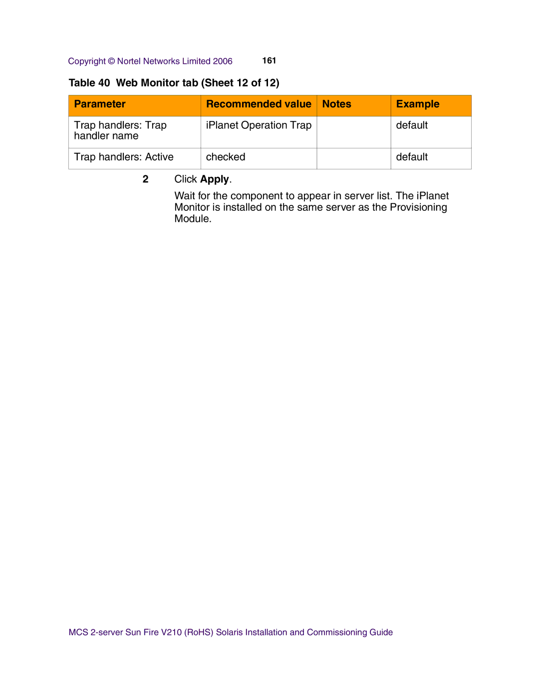 Nortel Networks V210 (RoHS) manual Web Monitor tab Sheet 12 Parameter Recommended value Example 