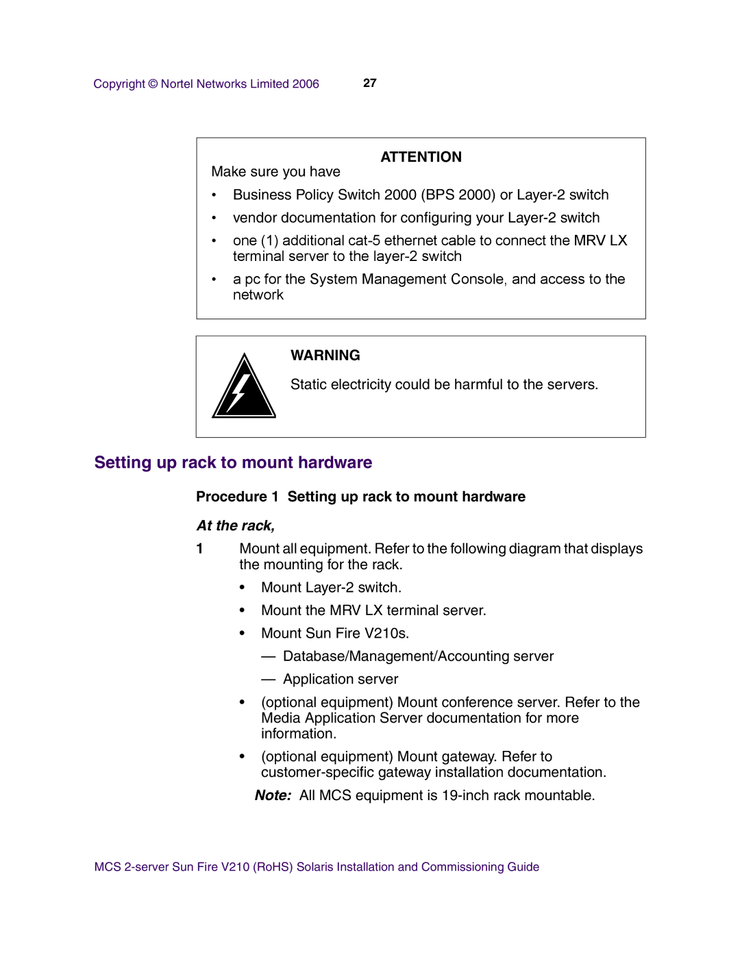 Nortel Networks V210 (RoHS) manual Procedure 1 Setting up rack to mount hardware 