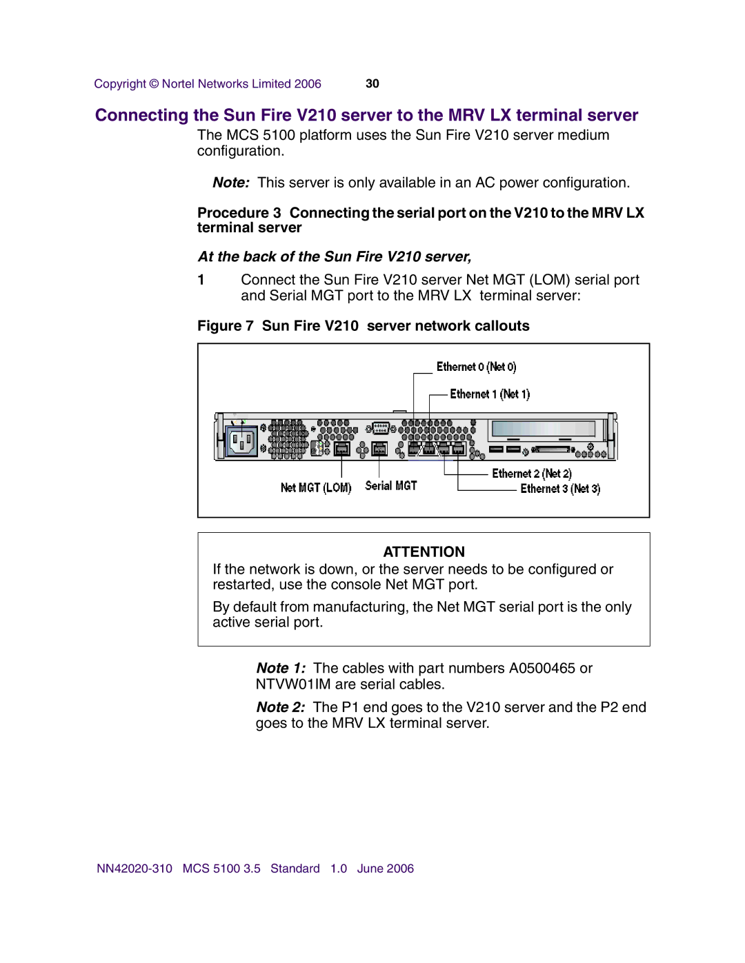 Nortel Networks V210 (RoHS) manual Sun Fire V210 server network callouts 