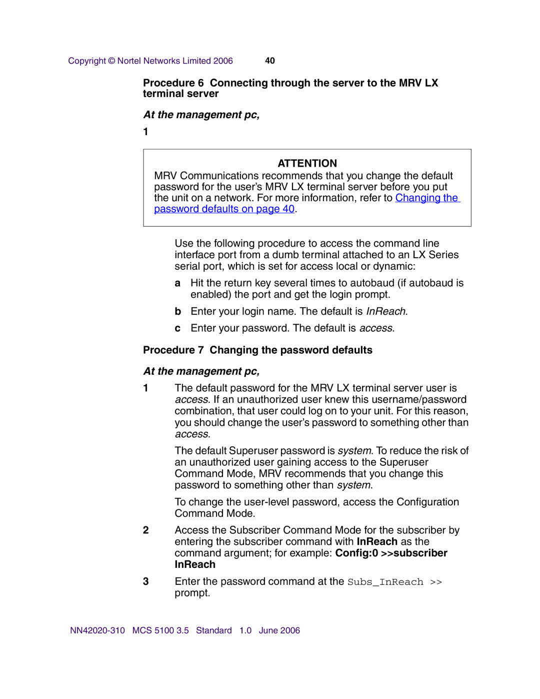 Nortel Networks V210 (RoHS) manual Procedure 7 Changing the password defaults, InReach 