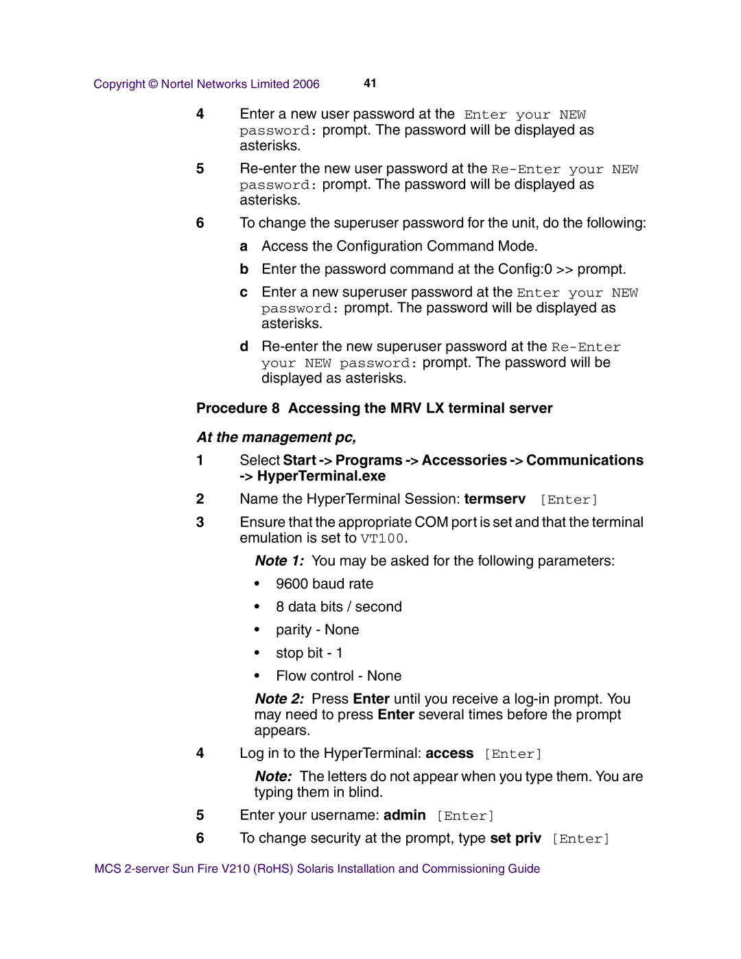 Nortel Networks V210 (RoHS) manual Procedure 8 Accessing the MRV LX terminal server 