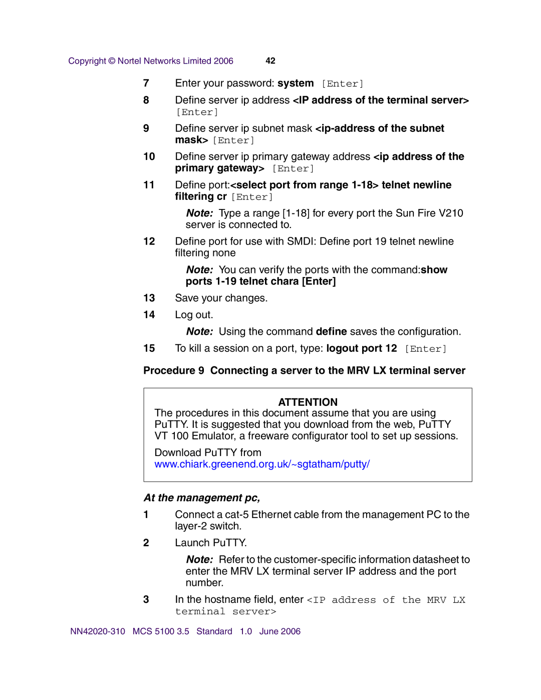 Nortel Networks V210 (RoHS) manual Define server ip address IP address of the terminal server, Enter 