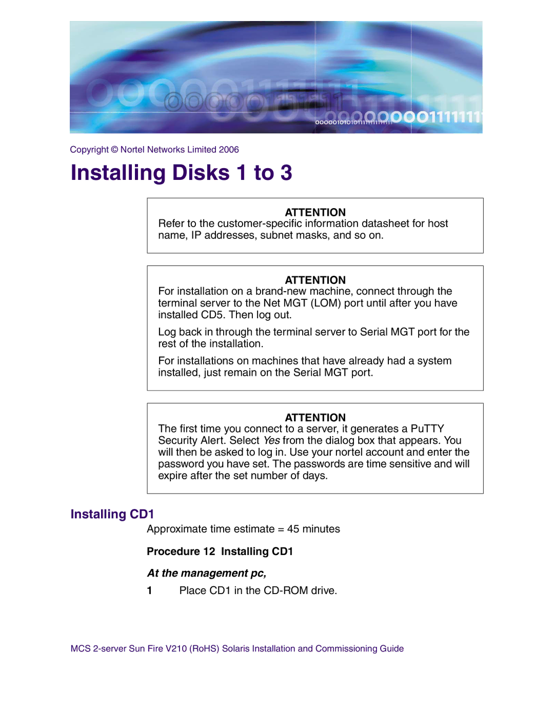 Nortel Networks V210 (RoHS) manual Installing Disks 1 to, Procedure 12 Installing CD1 