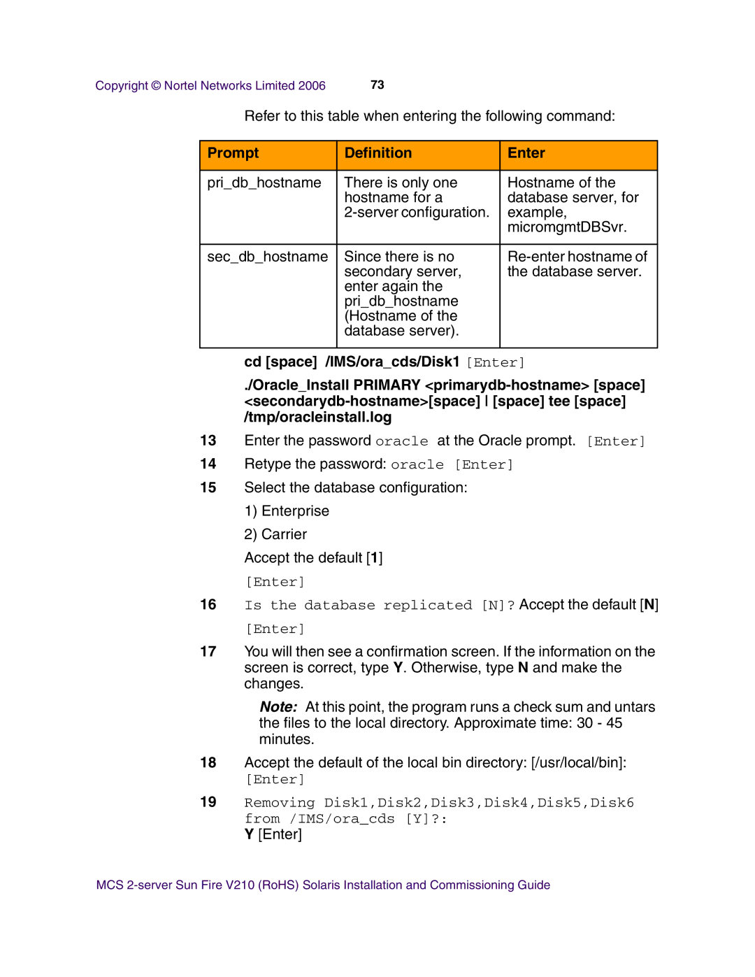 Nortel Networks V210 (RoHS) manual Prompt Definition Enter, Enter Is the database replicated N? Accept the default N 