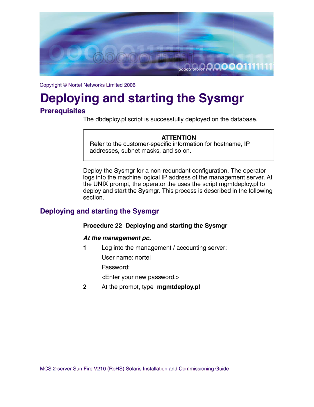 Nortel Networks V210 (RoHS) manual Procedure 22 Deploying and starting the Sysmgr 