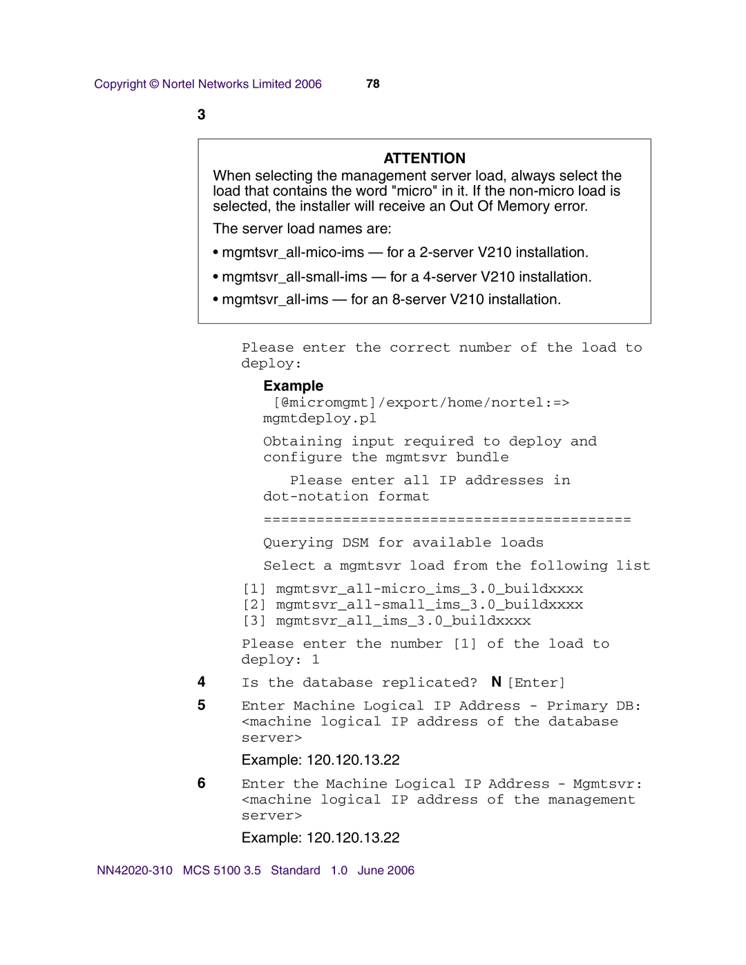 Nortel Networks V210 (RoHS) manual Please enter the correct number of the load to deploy 