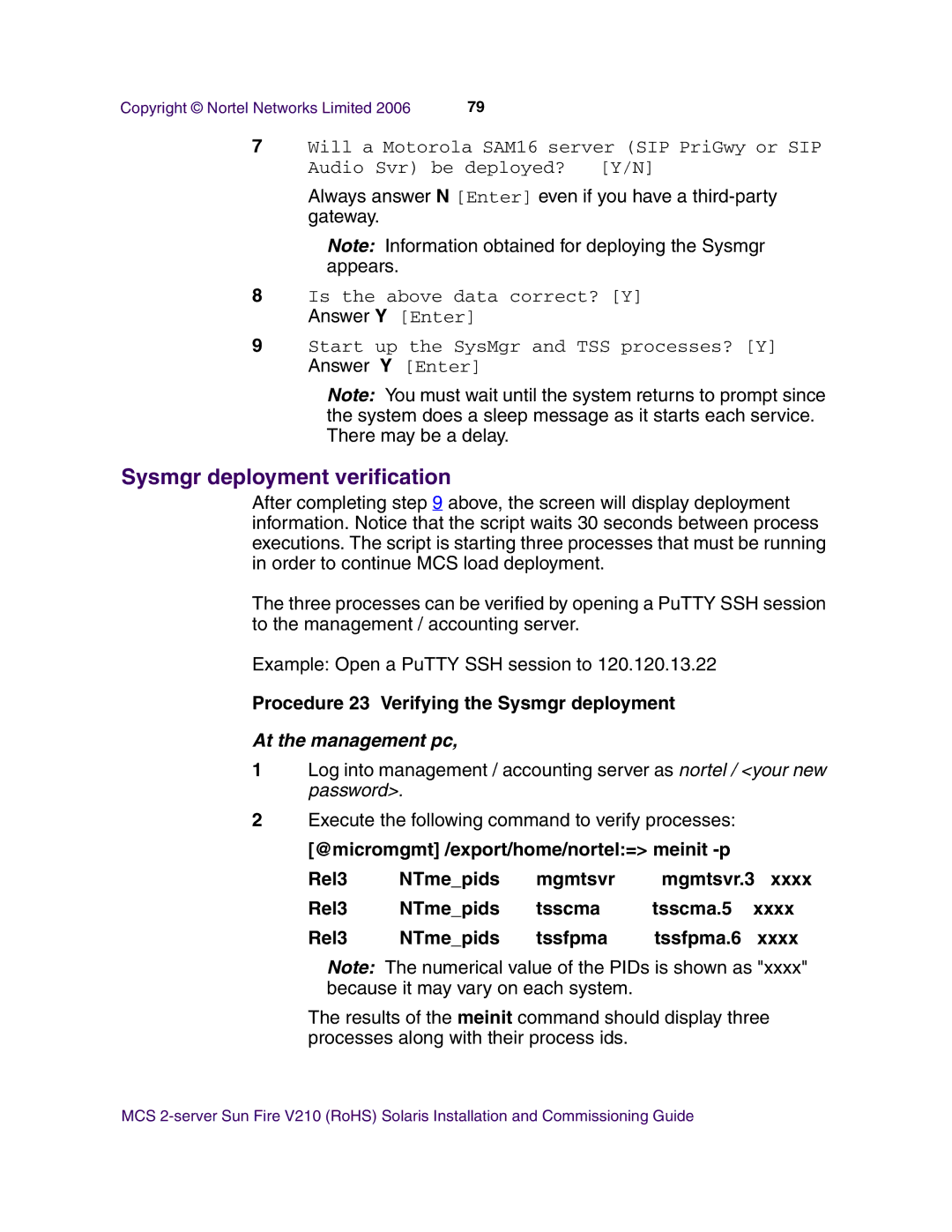 Nortel Networks V210 (RoHS) manual Sysmgr deployment verification, Procedure 23 Verifying the Sysmgr deployment 