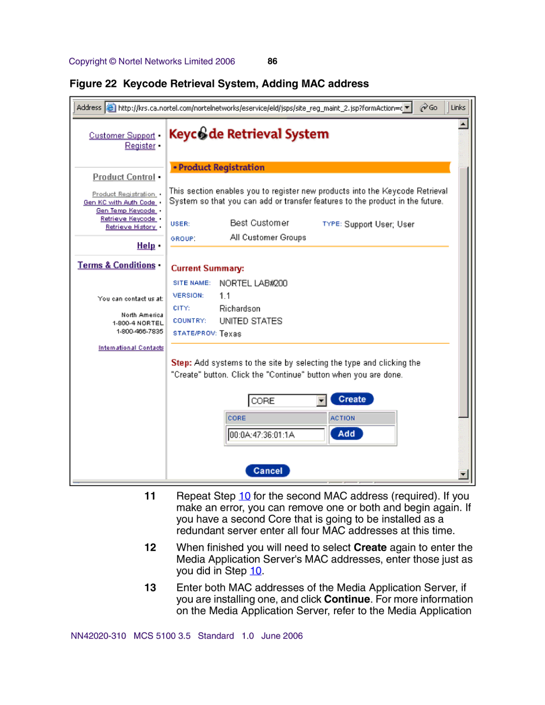 Nortel Networks V210 (RoHS) manual Keycode Retrieval System, Adding MAC address 