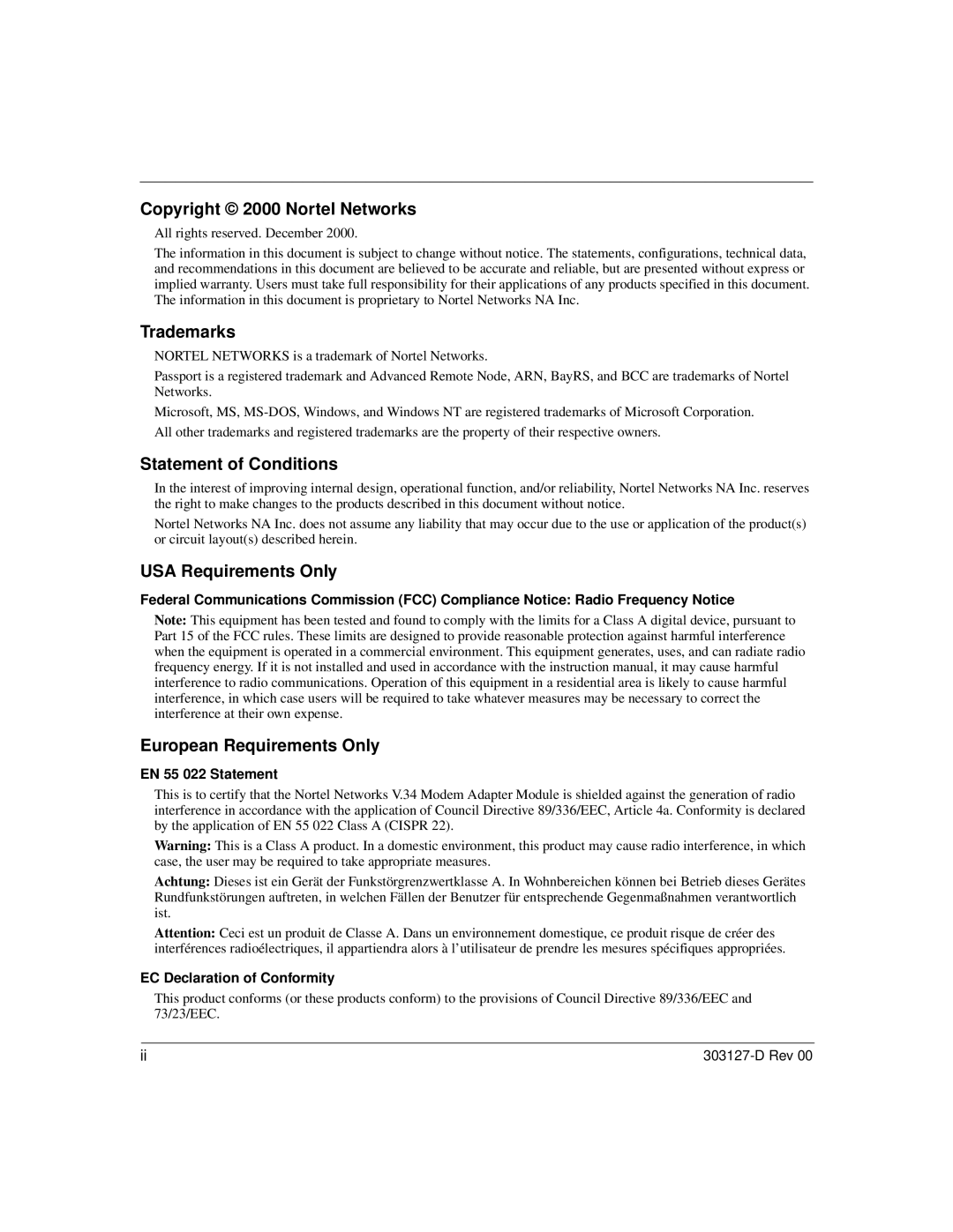 Nortel Networks V.34 manual EN 55 022 Statement, EC Declaration of Conformity 