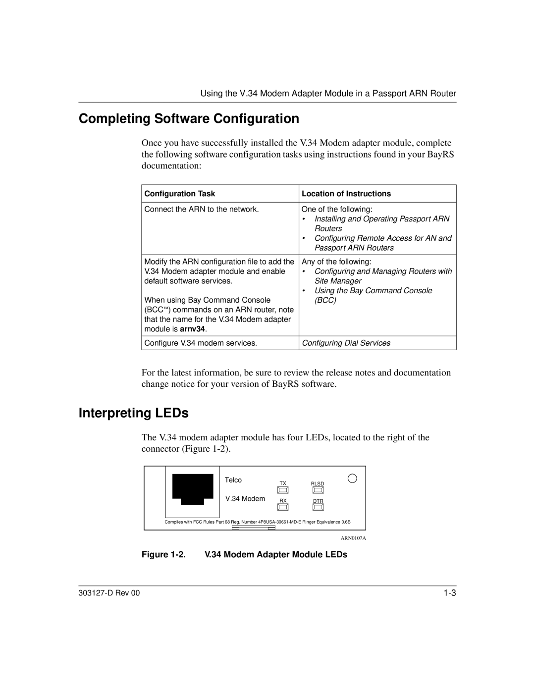 Nortel Networks V.34 Completing Software Configuration, Interpreting LEDs, Configuration Task Location of Instructions 