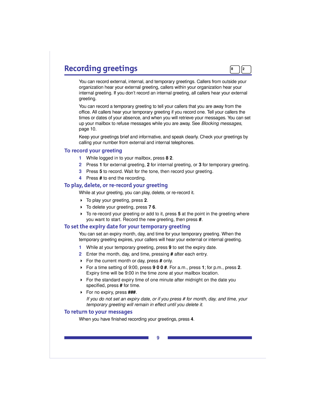 Nortel Networks Voice Mail manual Recording greetings, To play, delete, or re-record your greeting 