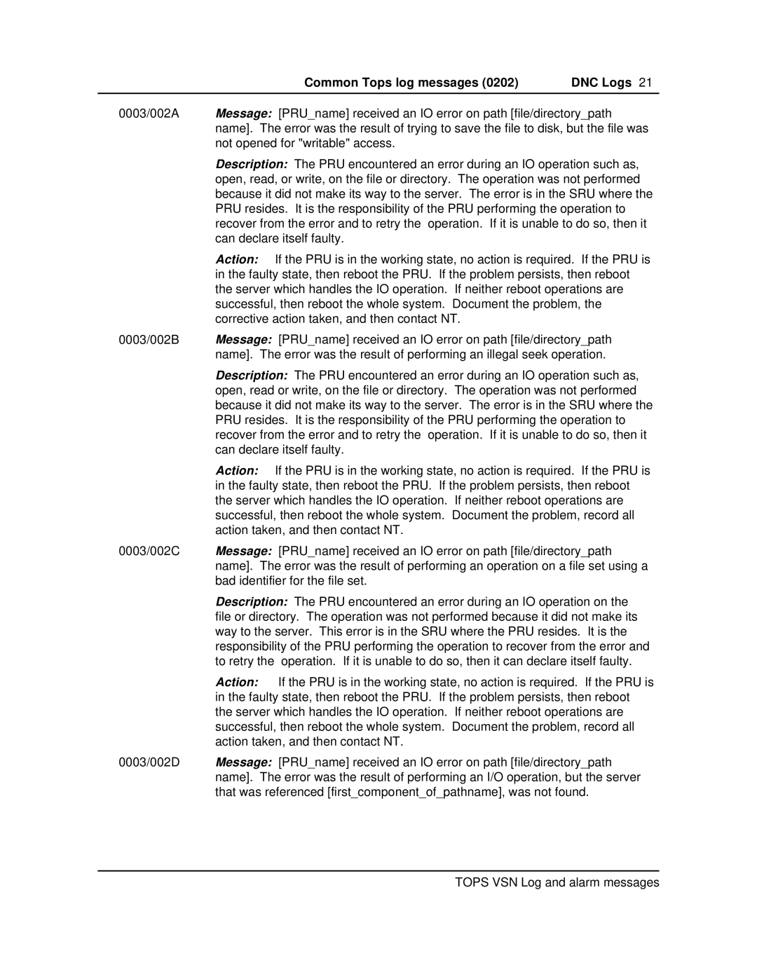 Nortel Networks VSN04 manual Common Tops log messages DNC Logs 