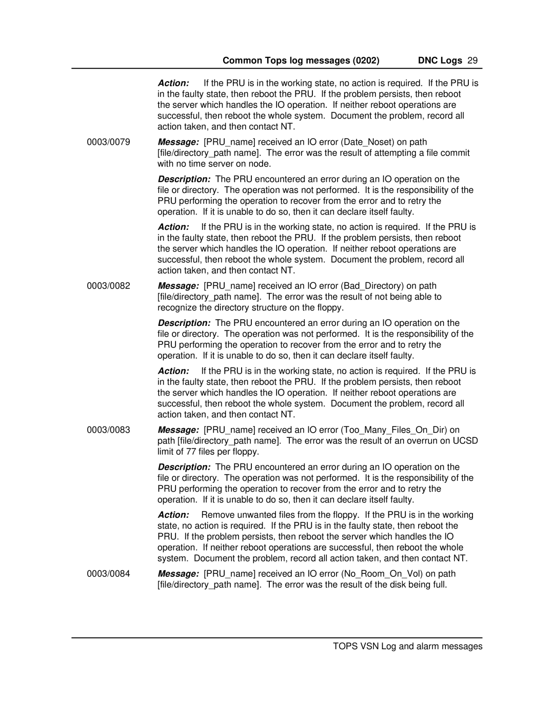 Nortel Networks VSN04 manual Common Tops log messages DNC Logs 