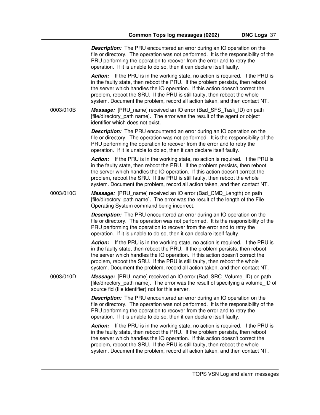 Nortel Networks VSN04 manual Common Tops log messages DNC Logs 