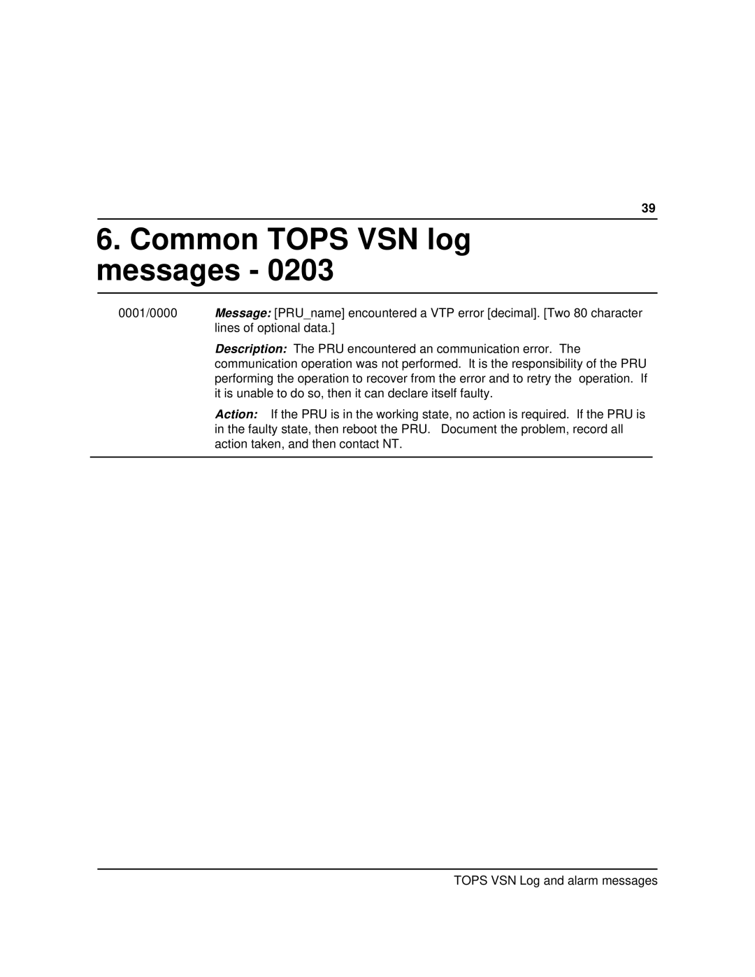 Nortel Networks VSN04 manual Common Tops VSN log messages 