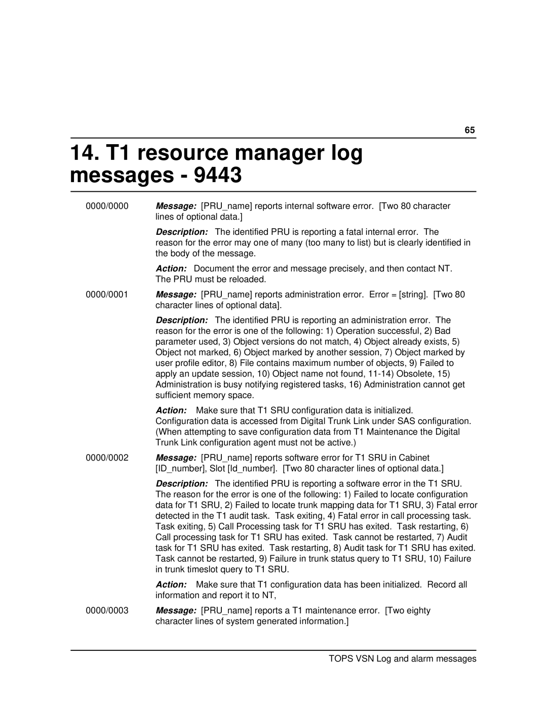 Nortel Networks VSN04 manual 14. T1 resource manager log messages 