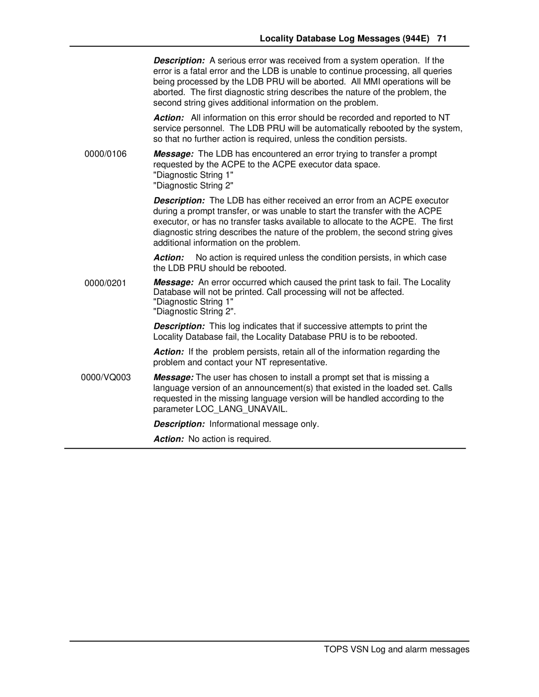 Nortel Networks VSN04 manual Second string gives additional information on the problem 