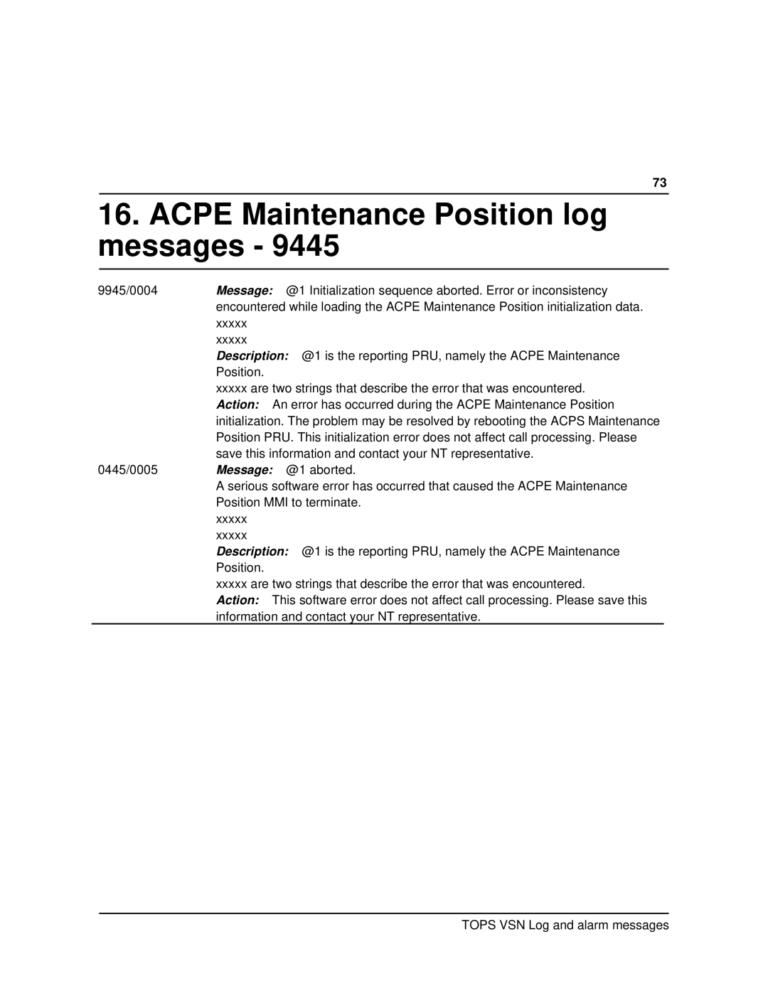 Nortel Networks VSN04 manual Acpe Maintenance Position log messages 